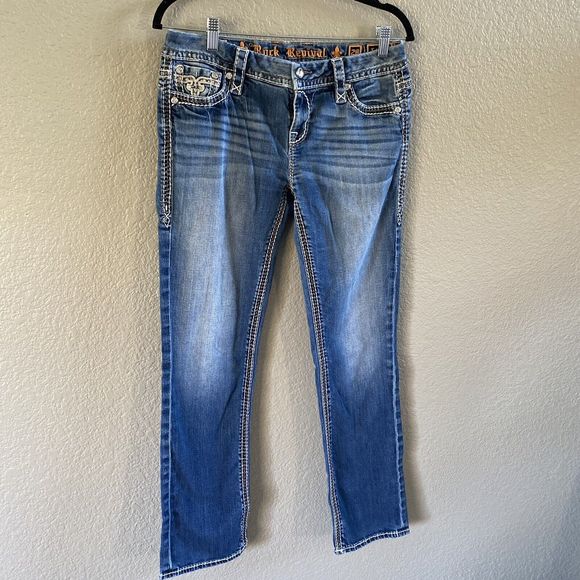 Rock Revival Jeans Women's 28 Easy Straight Tetbury Flap Pocket Bling Low Rise - Picture 2 of 16